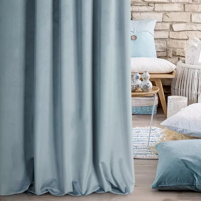 Zasłona szyta na flexach ENYA niebieska z miękkiej półmatowej tkaniny welwetowej