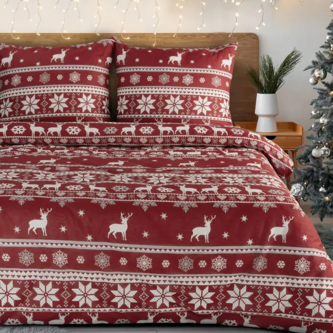 Pościel świąteczna 140x200 cm z bawełny ranforce, kolor czerwony, biały zdobiona nadrukiem w stylu skandynawskim OSLO Eurofirany
