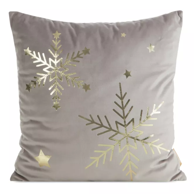 Poszewka na poduszkę świąteczna 45x45 cm welwetowa kremowa zdobiona nadrukiem szampańskich śnieżynek Eurofirany