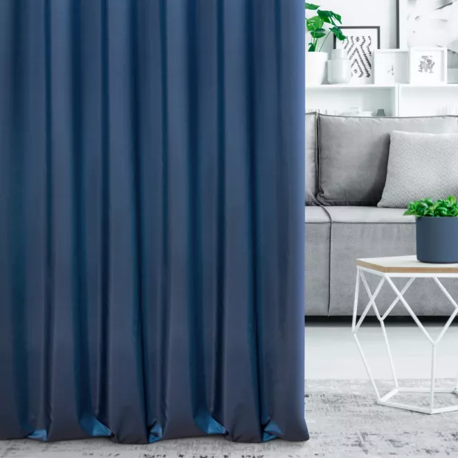 Zasłona szyta na taśmie fala granatowa z gładkiej tkaniny z delikatnym połyskiem
