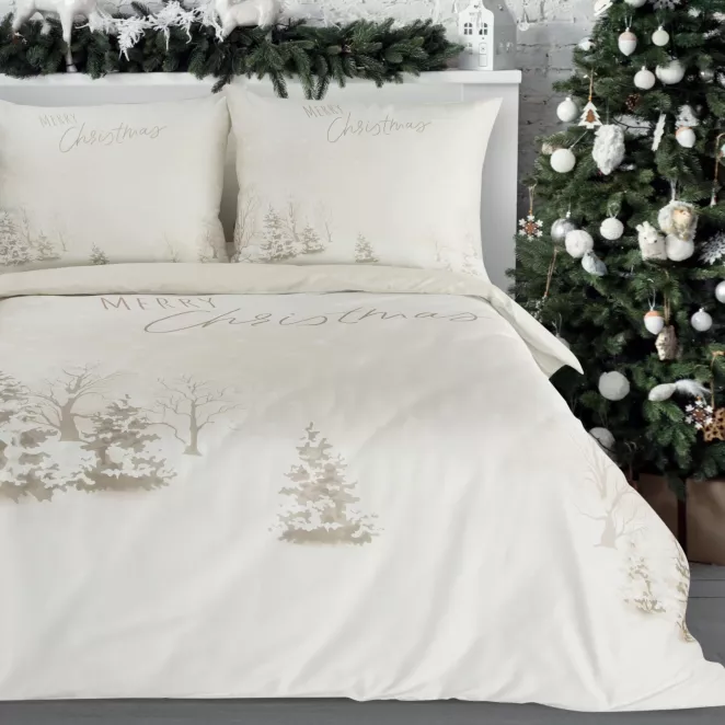 Pościel świąteczna 160x200 cm z mikrowłókna, kolor beżowy, biały z subtelnym nadrukiem  SNOWFLAKE Eurofirany