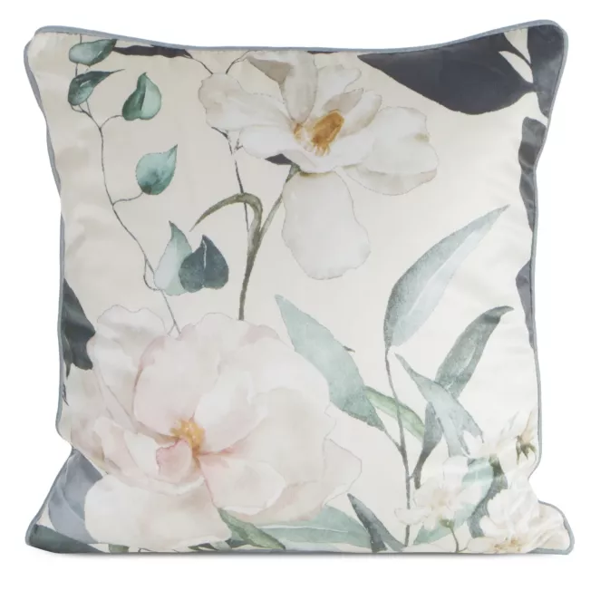 Poszewka na poduszkę 45x45 cm welwetowa kremowo, zielona z nadrukiem kwiatów ROSITA 1 Eurofirany