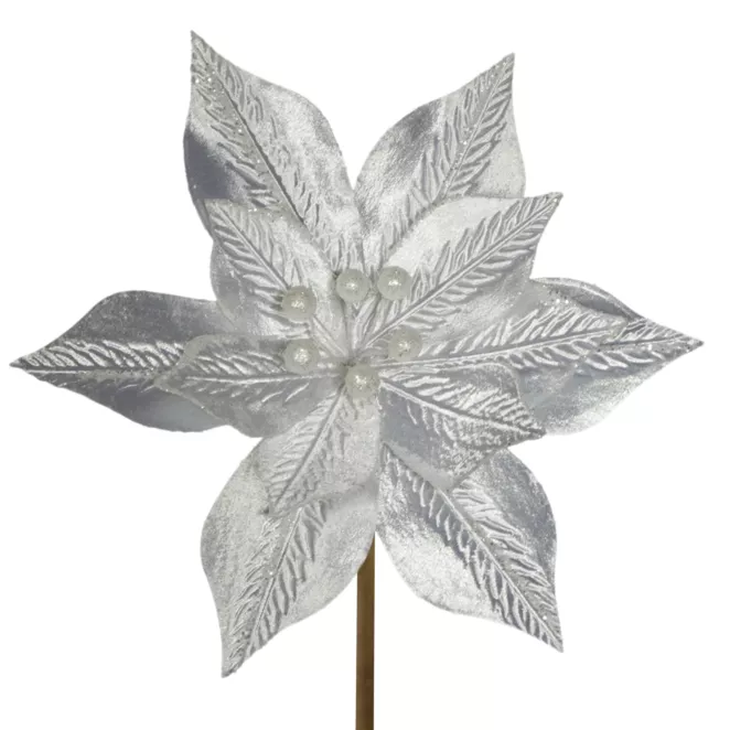 Srebrny kwiat na choinkę z wytłaczanego welwetu 20 cm Eurofirany