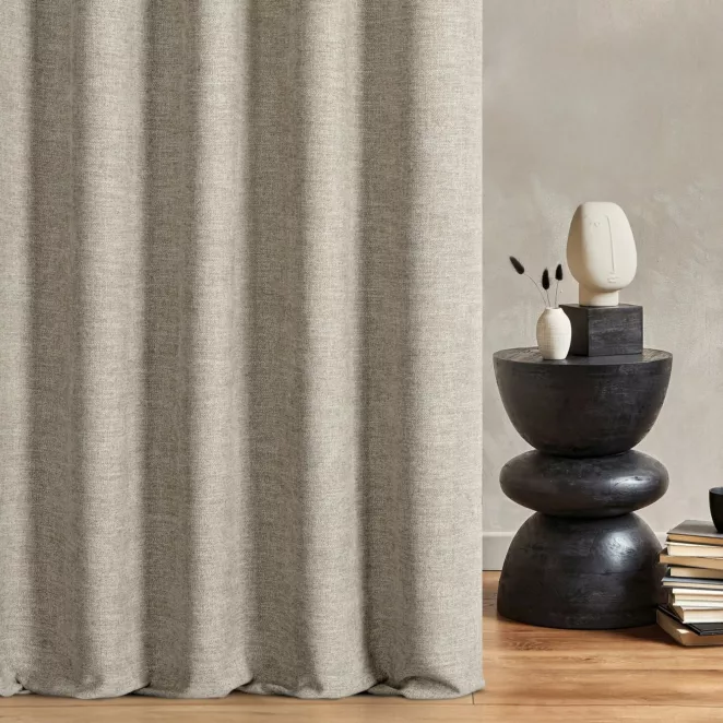 Zasłona szyta na taśmie fala beżowa tkanina o naturalnym charakterze z efektem melanżu