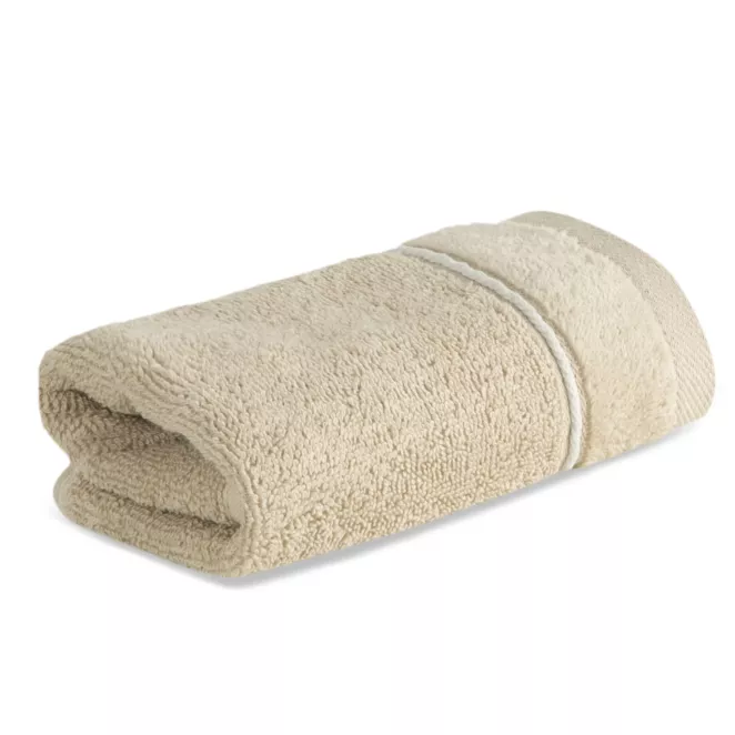 Ręcznik do rąk 30x50 cm bawełniany kolor beżowy z welwetową bordiurą i kontrastującymi paseczkami 500 g/m2 SIBEL Eurofirany