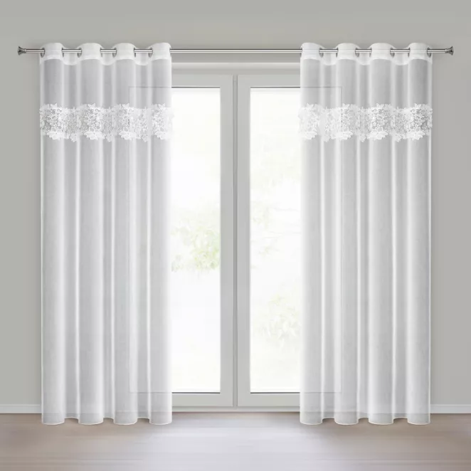 Firana biała z matowej etaminy zdobiona subtelną aplikacja w formie kwiatów 140x250 cm przelotka - ARTEMIDA Eurofirany
