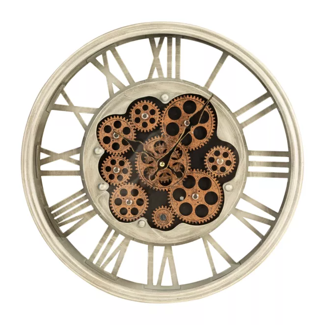 Okrągły zegar ścienny z rzymskimi cyframi i ruchomymi kołami zębatymi Eurofirany