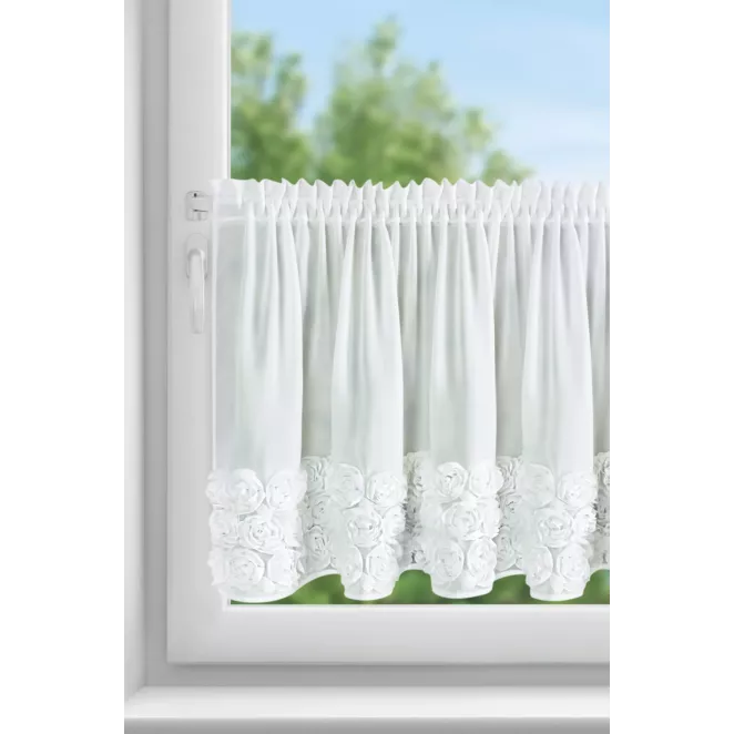 Zazdrostka biała z szyfonu zdobiona pasem 3D róż 70x150 cm taśma marszcząca - ROSES- EVA MINGE Eurofirany