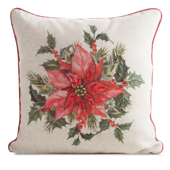 Poszewka na poduszkę świąteczna 45x45 cm o strukturze lnu beżowo, czerwona zdobiona nadrukiem gwiazdy betlejemskiej Eurofirany
