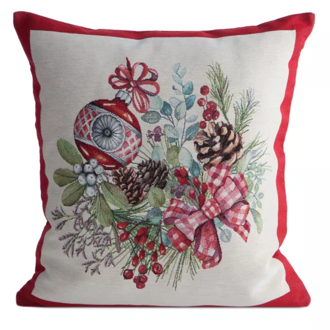 Poszewka na poduszkę świąteczna 45x45 gobelinowa popielato, czerwona zdobiona akcentem świątecznym