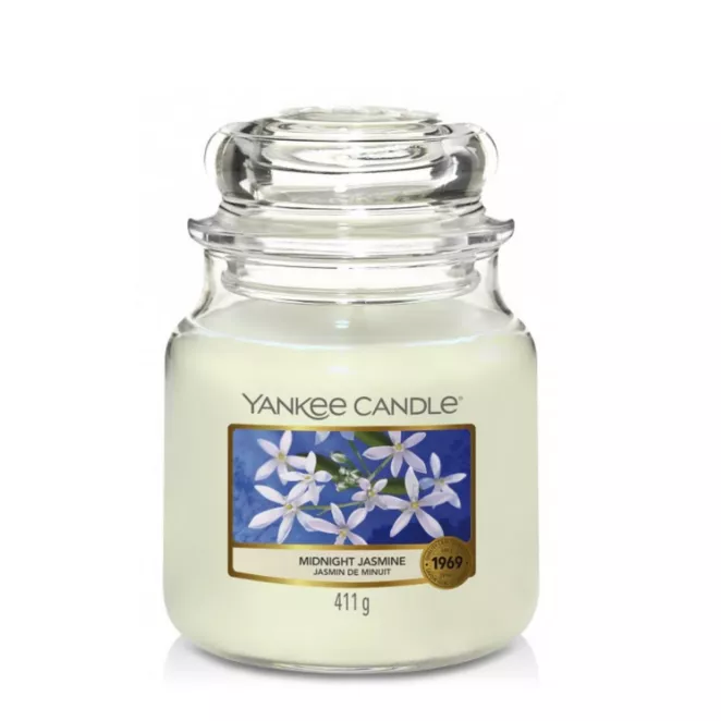 Średnia świeca zapachowa w szklanym słoiku z pokrywką YANKEE CANDLE o zapachu  Midnight Jasmine