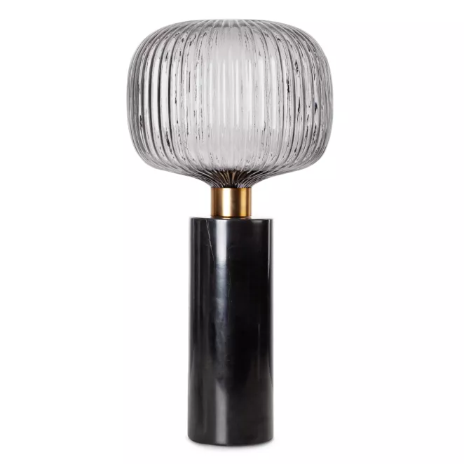 Lampa stołowa do salonu czarno, grafitowa LUKA o marmurowej podstawie i szklanym tłoczonym kloszem Eurofirany