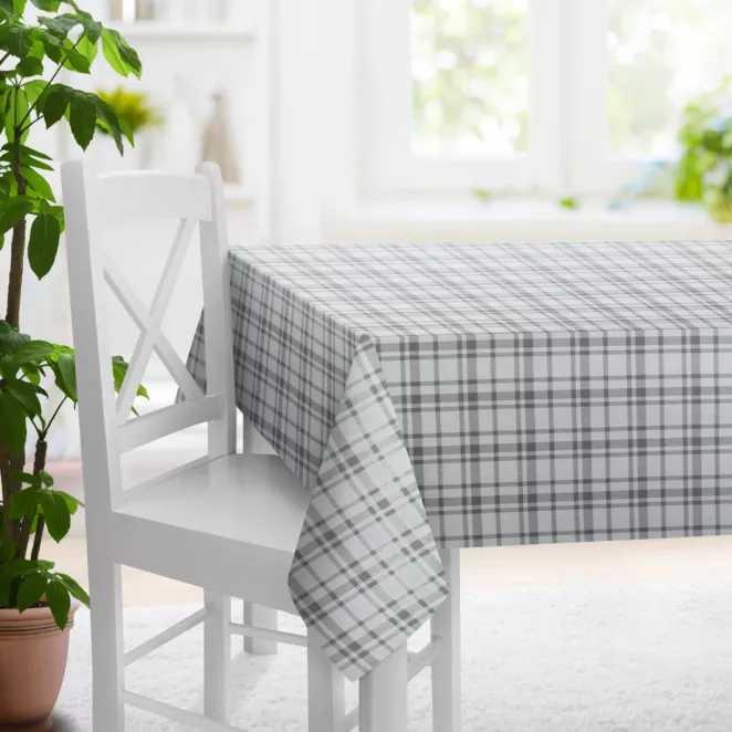 Obrus szyty biało popielaty z miękkiej tkaniny z nadrukiem w geometryczny wzór