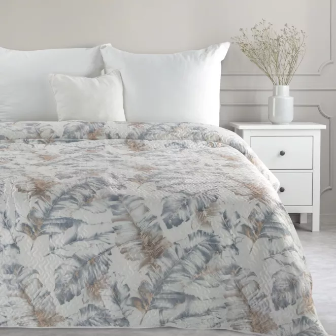 Narzuta welwetowa biało, srebrna 200x220 cm zdobiona nadrukiem liści LAYLA Eurofirany