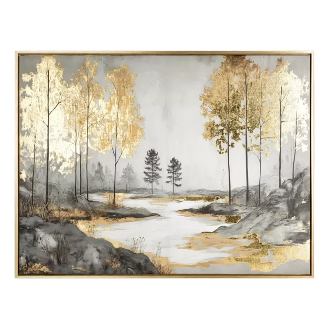 Obraz szaro, złoty nadruk na płótnie pejzaż z metalicznymi akcentami 60x80 cm Eurofirany