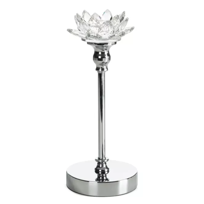 Świecznik dekoracyjny transparentny, srebrny o kształcie kwiatu lotosu średnica 12x29 cm DALIA 2 Eurofirany