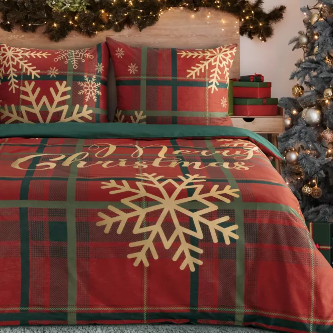 Pościel 140x200 cm bawełna ranforce kolor czerwony, ciemnozielony zdobiona nadrukiem kraty Eurofirany