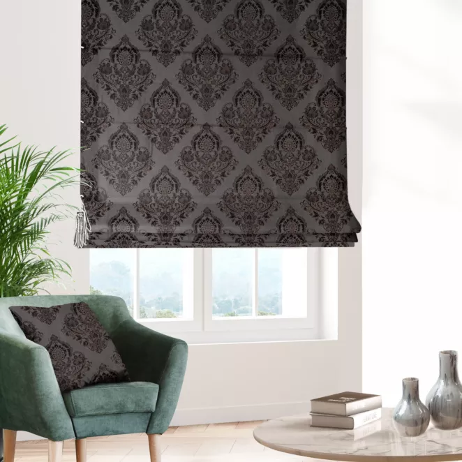 Roleta rzymska grafitowa tkanina w ornamentowy wzór, z dodatkiem połyskującej nici