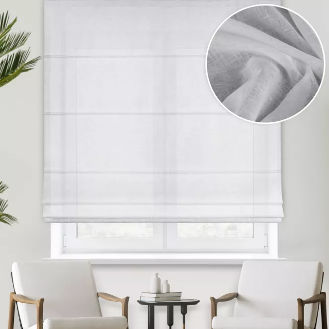 Roleta rzymska naturalna z miękkiej, matowej etaminy o naturalnym splocie, wykończona obciążnikiem