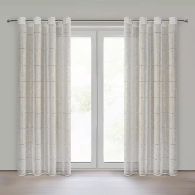 Firana biało, złota zdobiona ażurowymi paskami i roślinnym nadrukiem 140x250 cm przelotka - KATY - Eurofirany