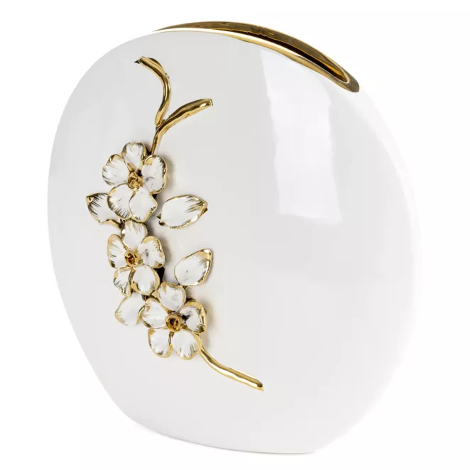 Wazon dekoracyjny biało, złoty zdobiony różami 3D  28x9x26 cm SARA Eurofirany