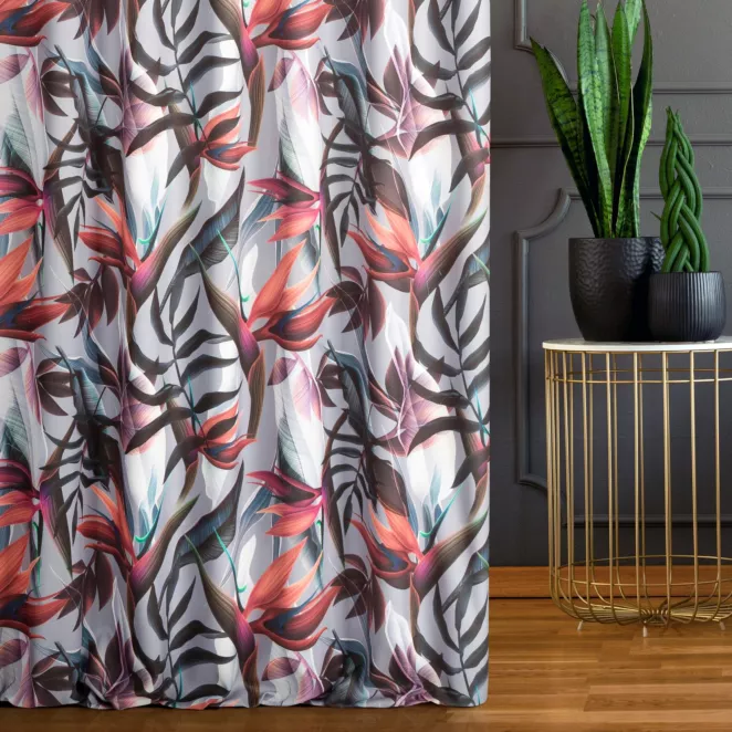 Zasłona szyta na taśmie fala srebrno pomarańczowa z miękkiej tkaniny drukowanej w kolorowy botaniczny wzór