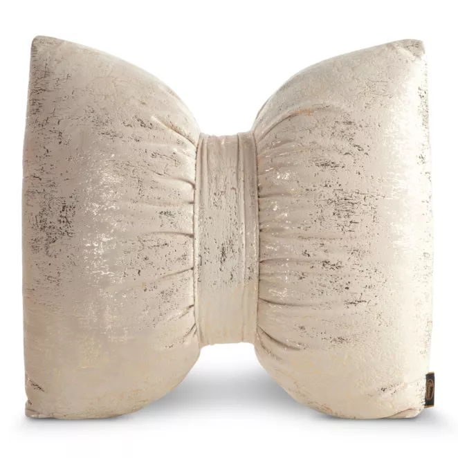 Poduszka 45x55 cm welwetowa kolor beżowy w kształcie kokardy z przecieranym lśniącym nadrukiem KODARDA 1 Eurofirany