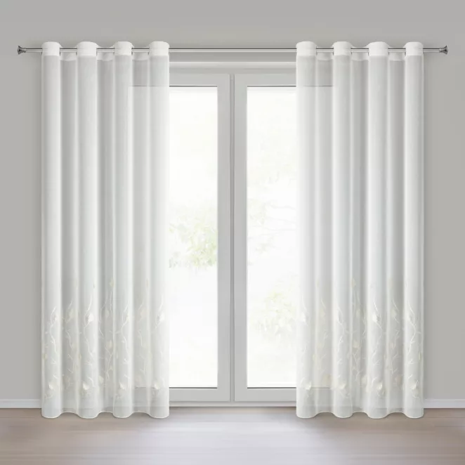 Firana biała z etaminy zdobiona haftem roślinnym 140x250 cm przelotka - BROKLYN Eurofirany