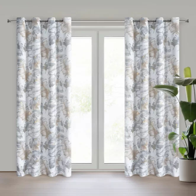 Zasłona srebrno szampańska zdobiona nadrukiem liści 140x250 cm przelotki - LAYLA3 Eurofirany