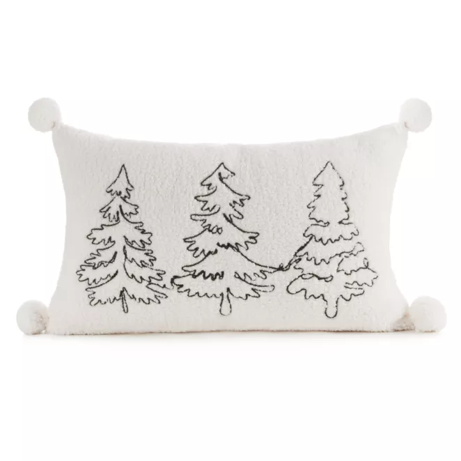 Poszewka na poduszkę świąteczna 30x50 cm biało, zielona z tkaniny typu bukla zdobiona haftem i pomponami Eurofirany