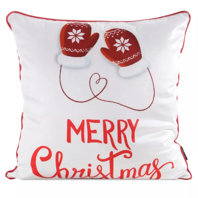 Poszewka na poduszkę 45x45 cm biało, czerwona zdobiona nadrukiem rękawic świątecznych z elegancką wypustką Eurofirany