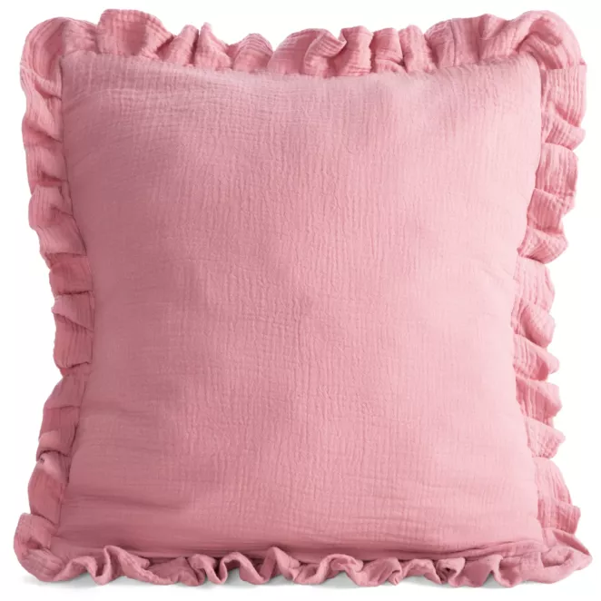 Poszewka na poduszkę 45x45 cm muślinowa z ozdobną falbanką na brzegach różowa MUŚLIN 1 Eurofirany