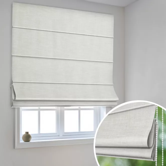 Roleta rzymska beżowa z miękkiej tkaniny szenilowej o wyraźnym splocie z efektem melanżu