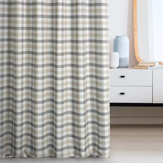 Zasłona szyta na taśmie fala beżowo grafitowa z tkaniny o naturalnym splocie z nadrukowanym wzorem w kratę