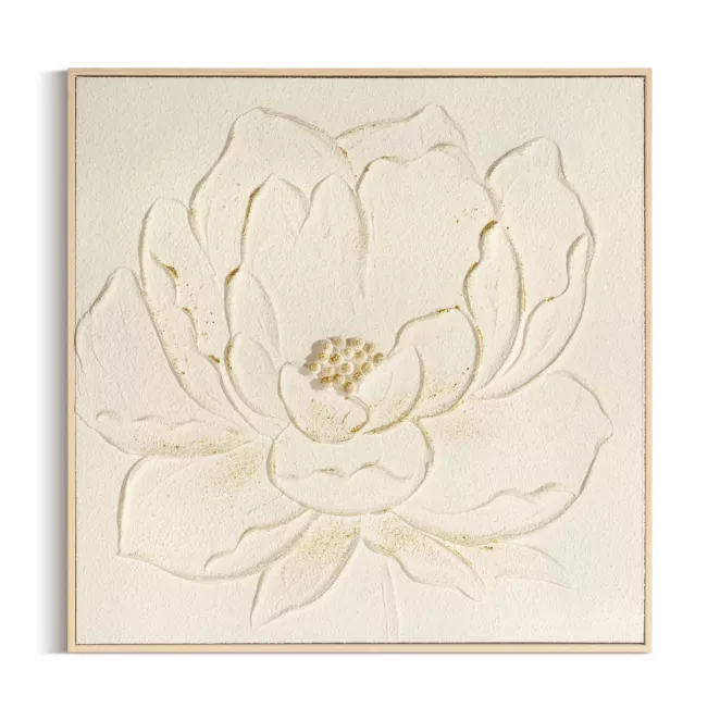 Obraz kremowo, zloty ręcznie malowany na płótnie z motywem kwiatów oprawiony w ramę 62x62 cm Eurofirany