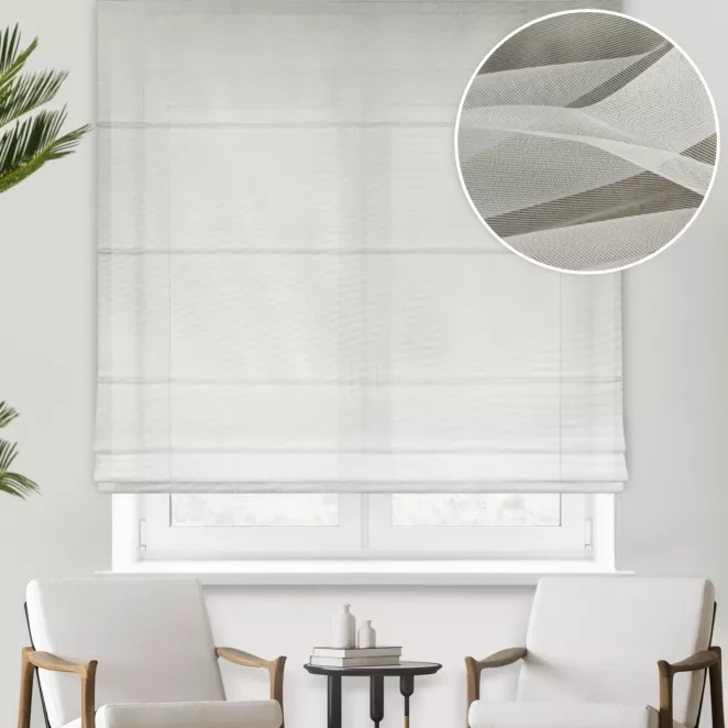 Roleta rzymska kremowa z delikatnej matowej tkaniny typu peru, wykończonej obciążnikiem o niestandardowej wysokości 350 cm