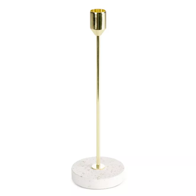 Świecznik dekoracyjny złoto, kremowy o smukłym uchwycie i kamiennej podstawie średnica 8x26 cm KORI Eurofirany