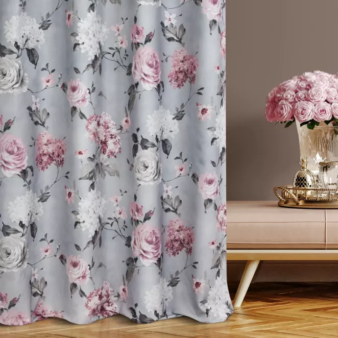 Zasłona szyta na taśmie fala szara tkanina z bawełną drukowana w kwiatowy wzór