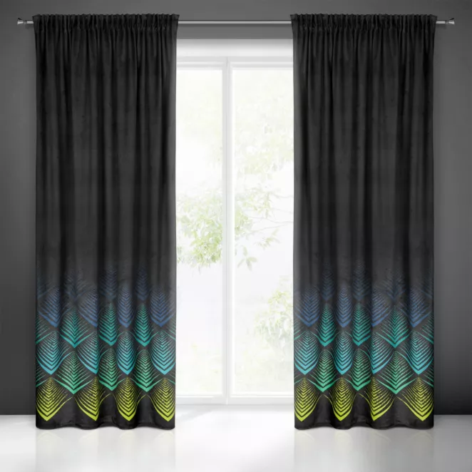 Zasłona czarno, turkusowa z wzorem geometrycznym z tkaniny welwetowej 140x270 cm taśma ANGELINA Eurofirany