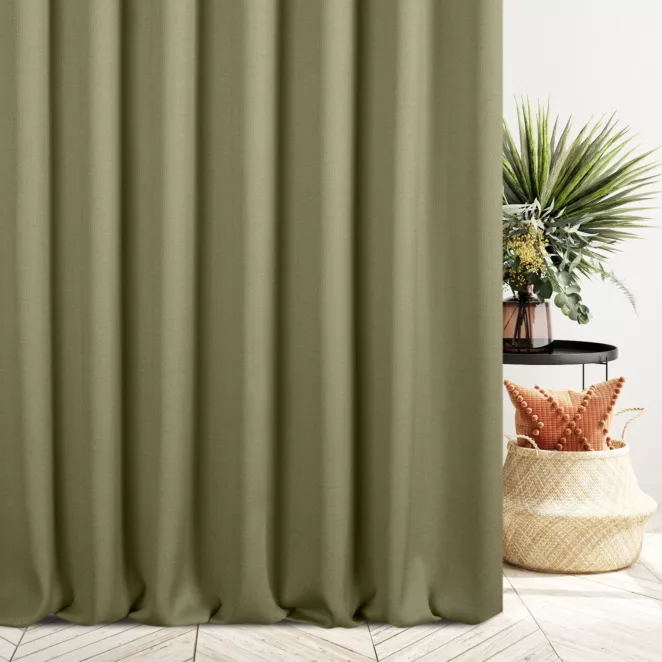 Zasłona szyta na taśmie fala ciemnooliwkowa z tkaniny o naturalnym splocie z efektem melanżu