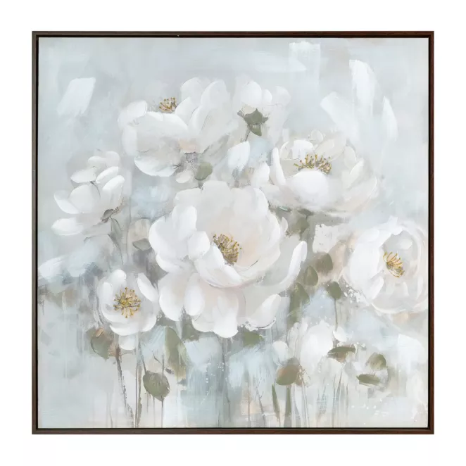 Obraz kremowo, błękitny ręcznie malowany w bukiet subtelnych kwiatów na płótnie 80x80 cm Eurofirany