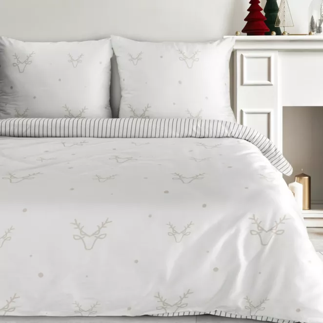 Pościel świąteczna 140x200 cm satyna bawełniana kolor biały, beżowy zdobiona nadrukiem subtelnych reniferów BOSQUE Eurofirany