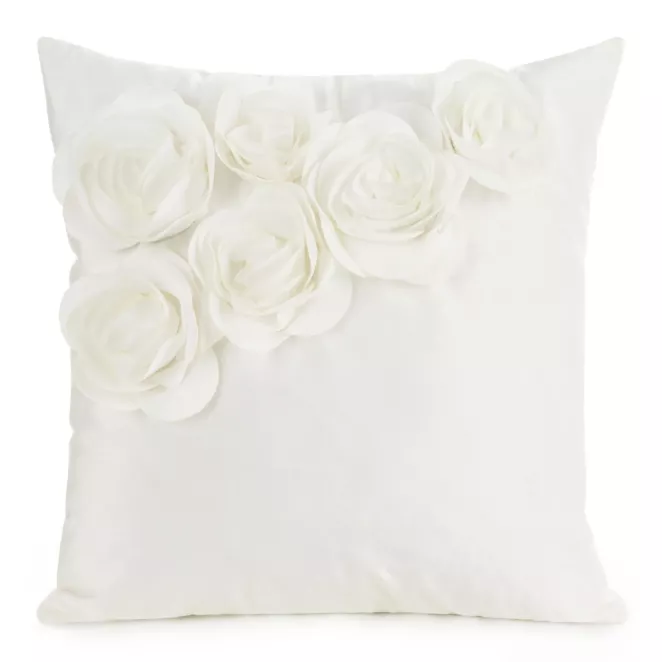 Poszewka na poduszkę 45 x 45 cm welwetowa kolor kremowy zdobiona aplikacja w róże Eurofirany