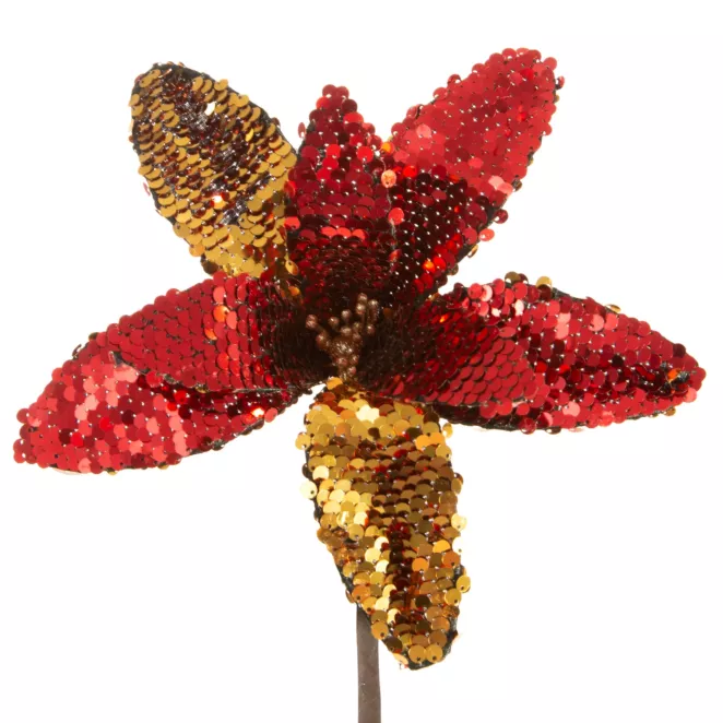 Czerwono - złoty kwiat dekoracyjny z cekinów 20 cm Eurofirany