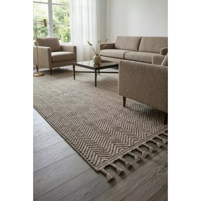 Dywan 160x170 cm szarobeżowy z strukturalnym plecionym wzorem geometrycznym z frędzlami LINEA5 BOHO Eurofirany