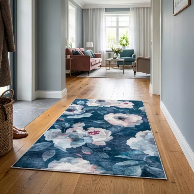 Dywan 80x140 cm ciemnoniebiesko, pudrowy z motywem kwiatu róży LOTUS 5 Eurofirany