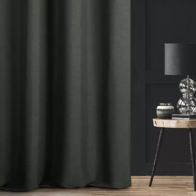 Zasłona szyta na taśmie fala IVANA grafitowa z tkaniny o naturalnym charakterze z lnianym splotem