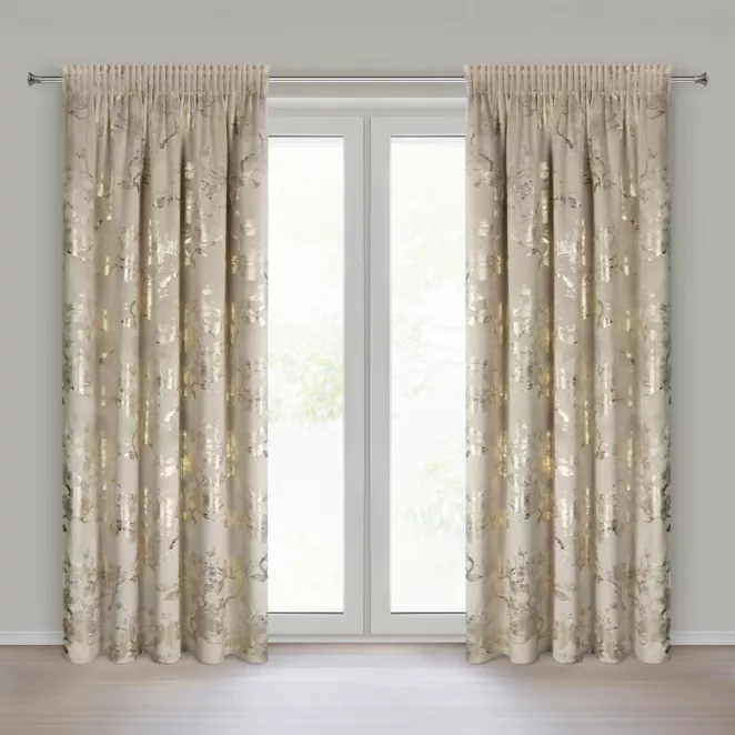 Zasłona beżowo, szampańska zdobiona nadrukiem błyszczących kwiatów 140x270 cm taśma - CELIA Eurofirany