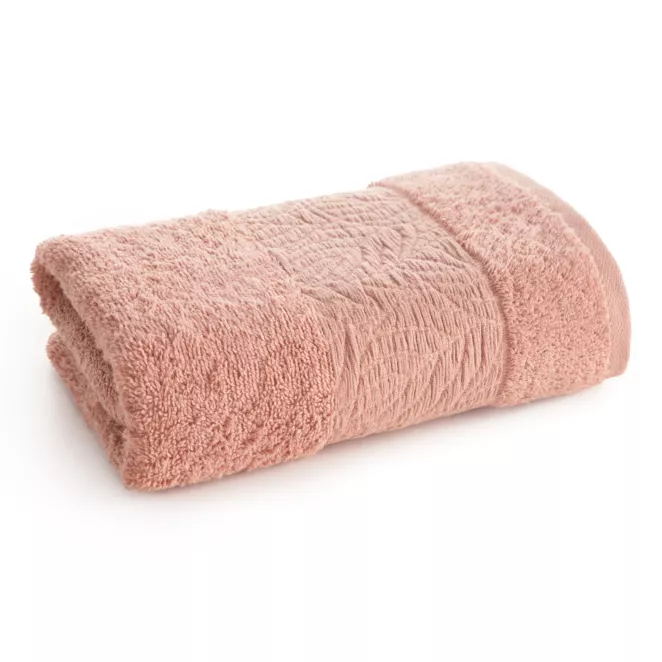Ręcznik kąpielowy z bawełny 50x90 cm kolor pudrowy róż z wytłaczanym roślinnym motywem ALBA Eurofirany
