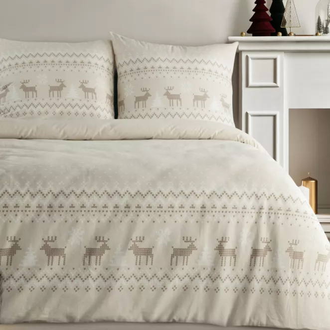 Pościel świąteczna 140x200 cm z bawełny ranforce, kolor beżowo, biały z nadrukiem w stylu skandynawskim LUKE Eurofirany